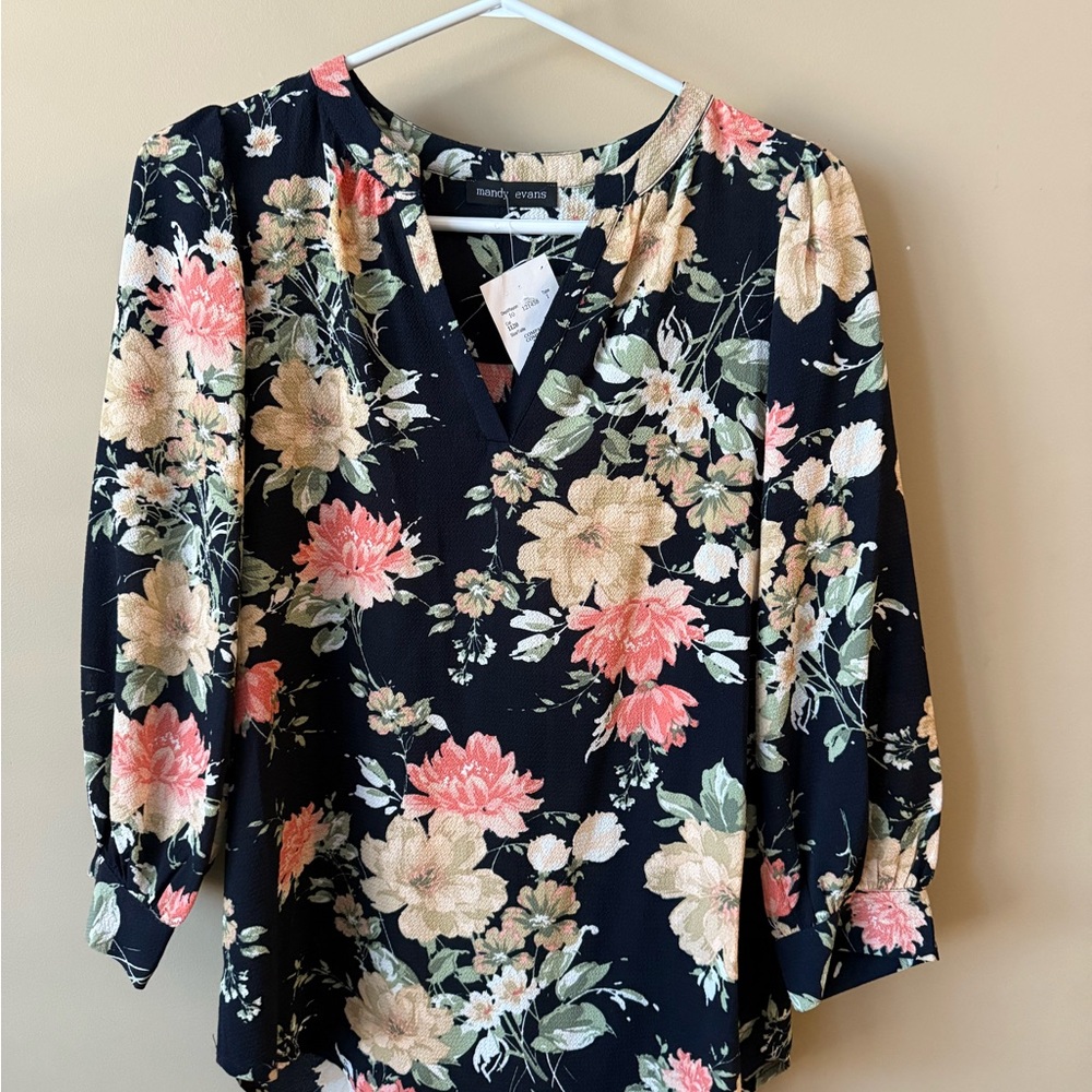 Floral V-Neck Blouse - Black, Pink, and Cream